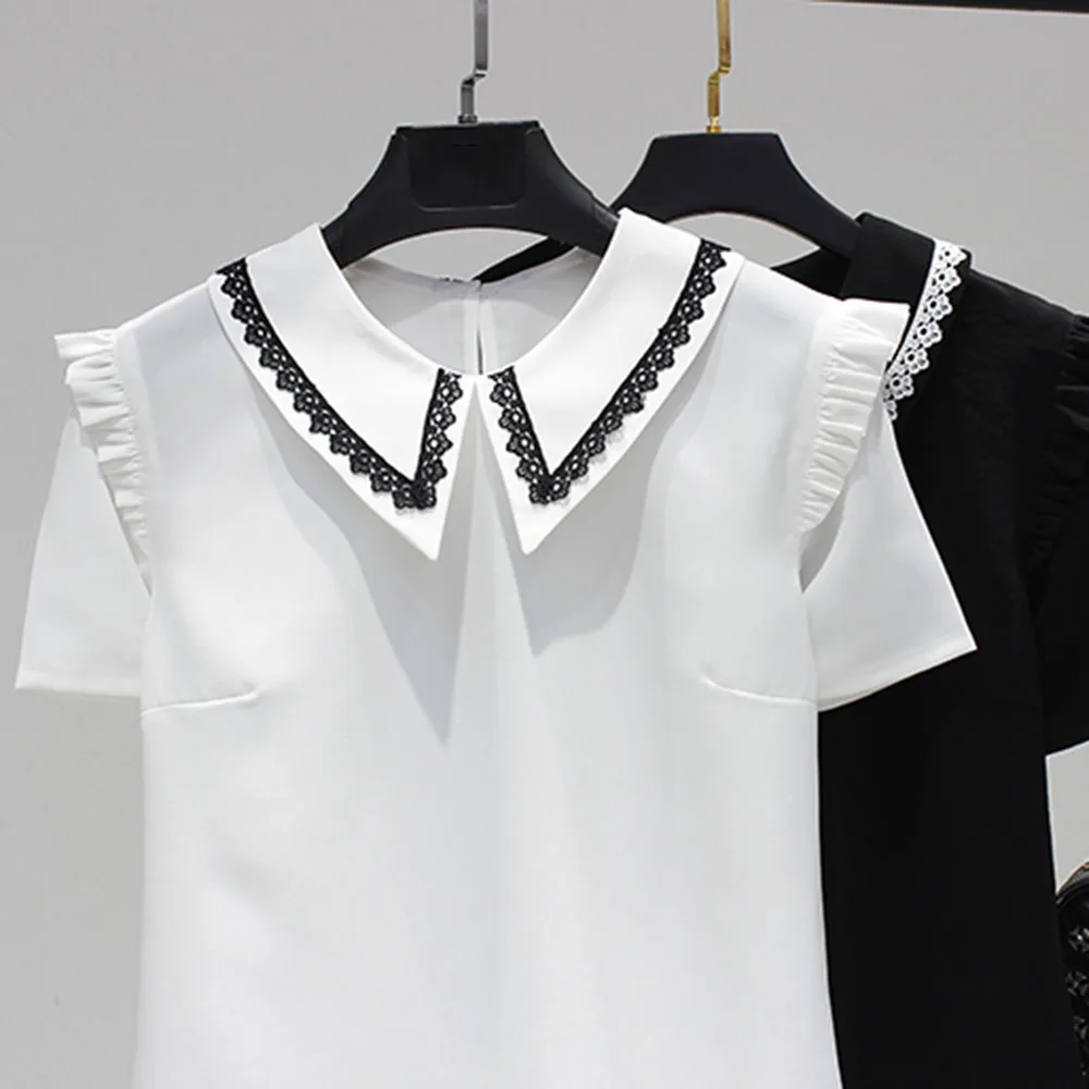 2021 Summer New Japanese Style Solid Color Temperament Chiffon Doll Collar Blouse Fungus Lace Splicing Summer Fashion Casual 
2021 Summer New Japanese Style Solid Color Temperament Chiffon Doll Collar Blouse Fungus Lace Splicing Summer Fashion Casual