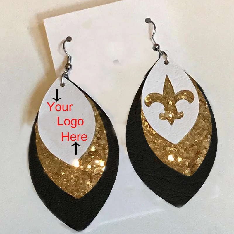 

Hollow University Football Fans Leather Teardrop Earrings Three Layer Football Team Leaf Earrings