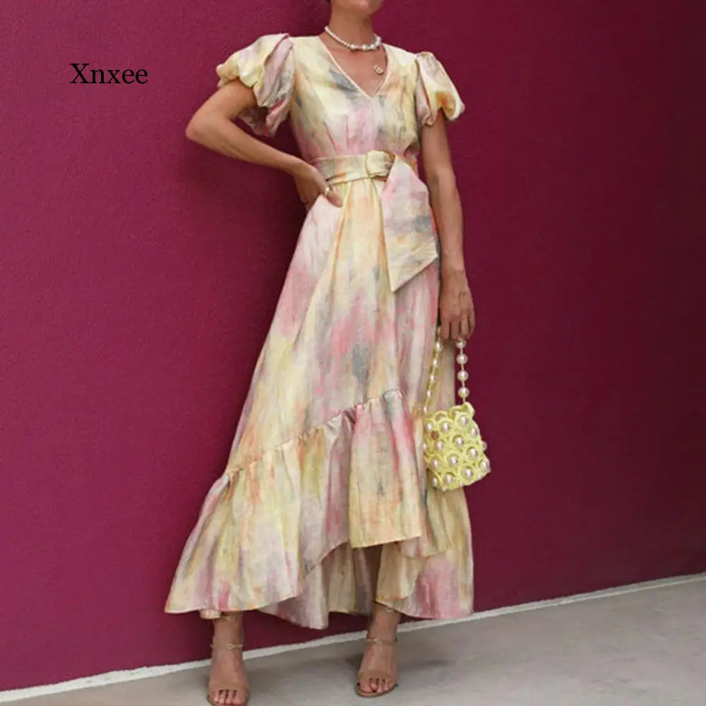 2021 Summer Robe Women's Long Dresses Fashion Casual Simple Elegant High Waist Block Print V-Neck Puff Sleeve Vintage Dress
2021 Summer Robe Women's Long Dresses Fashion Casual Simple Elegant High Waist Block Print V-Neck Puff Sleeve Vintage Dress