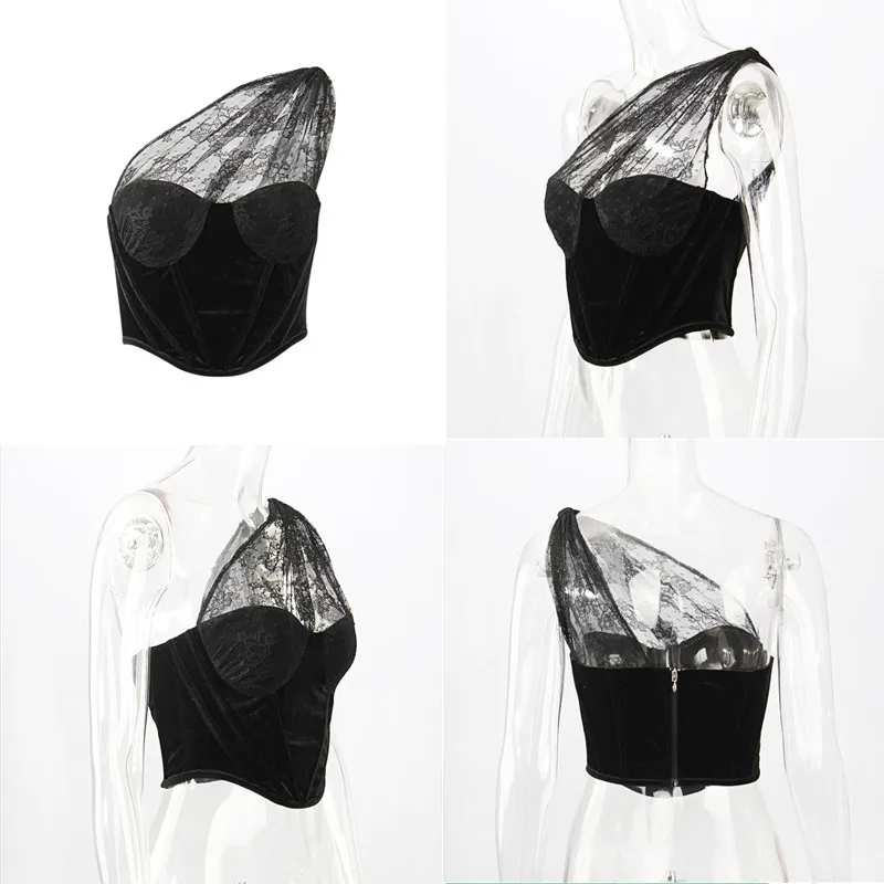 One shoulder Corset Black Velvet Lace Patchwork Crop Tops Sexy Dress Elegant Backless Casual Bustier Up Women Party Outfits
One shoulder Corset Black Velvet Lace Patchwork Crop Tops Sexy Dress Elegant Backless Casual Bustier Up Women Party Outfits