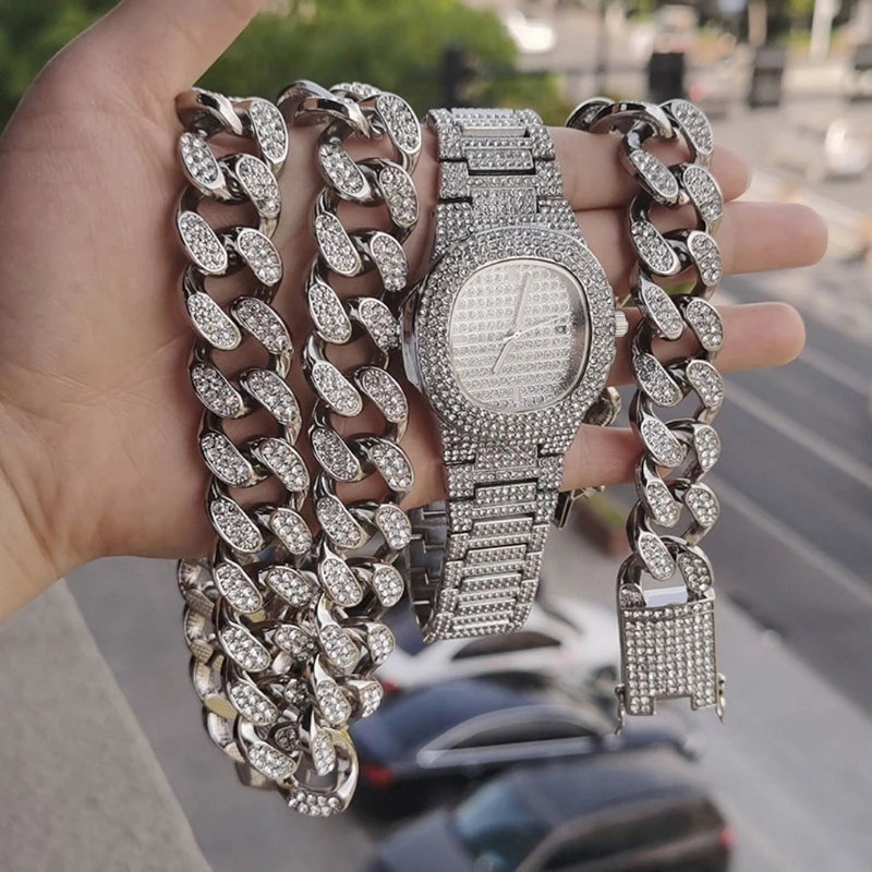 3Pcs Luxury Cool Mens Numeral Watch Kit Crystal Pave Miami Cuban Bracelet Necklace Kit Rappers Men Rock Roll Jewelry Set
3Pcs Luxury Cool Mens Numeral Watch Kit Crystal Pave Miami Cuban Bracelet Necklace Kit Rappers Men Rock Roll Jewelry Set