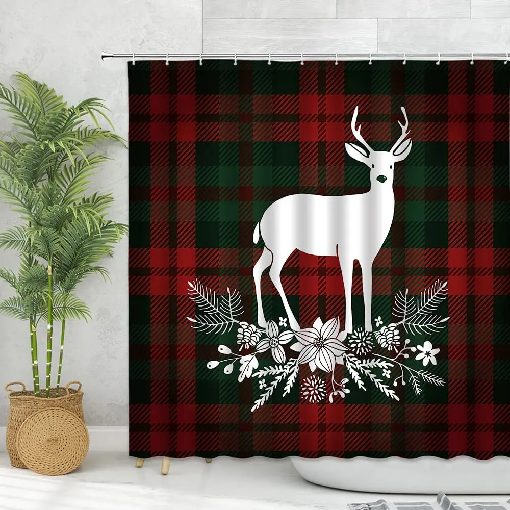 White Elk Flower Silhouette Shower Curtain Retro Red and Green Buffalo Lattice Background Polyester Bathroom Decor with Hooks
White Elk Flower Silhouette Shower Curtain Retro Red and Green Buffalo Lattice Background Polyester Bathroom Decor with Hooks