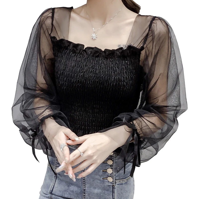 COIGARSAM Patchwork blouse women New Spring Lantern Sleeve Mesh blusas womens tops and blouses White Black 3097
COIGARSAM Patchwork blouse women New Spring Lantern Sleeve Mesh blusas womens tops and blouses White Black 3097