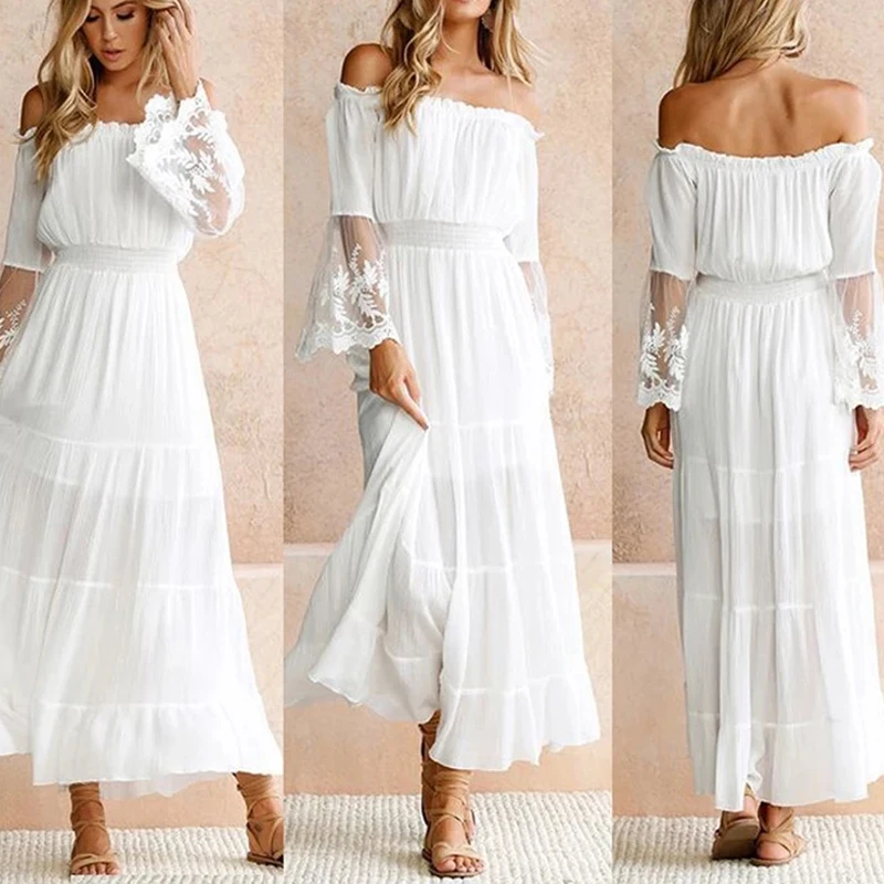 Women Dress Sexy Off Shoulder Lace Boho Women Maxi Dress Women White Beach Dress Strapless Long Sleeve Loose Dress
Women Dress Sexy Off Shoulder Lace Boho Women Maxi Dress Women White Beach Dress Strapless Long Sleeve Loose Dress