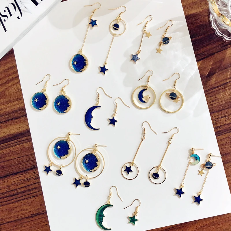 

Sell Hot Fashion Space Universe Moon Star Dangle Earrings For Women Asymmetrical Fresh Blue Planet Long Earring Girl Party Gift