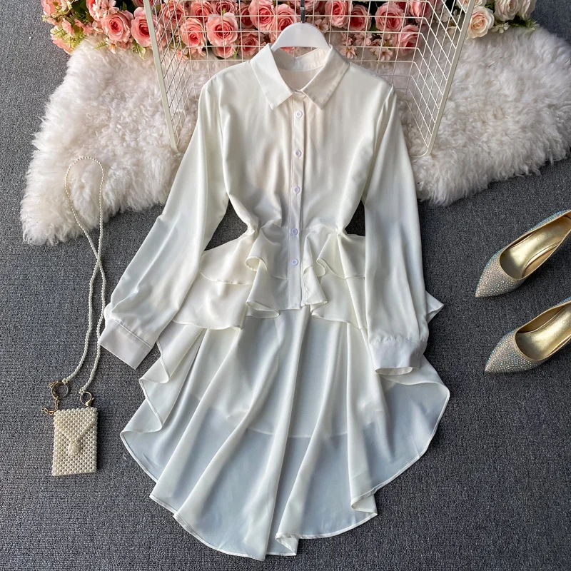 Spring Autumn Polo Collar Women Midi Shirt Dress Full Sleeve Single-breasted Female Elegant Dress Irregular Flounce Vestido
Spring Autumn Polo Collar Women Midi Shirt Dress Full Sleeve Single-breasted Female Elegant Dress Irregular Flounce Vestido