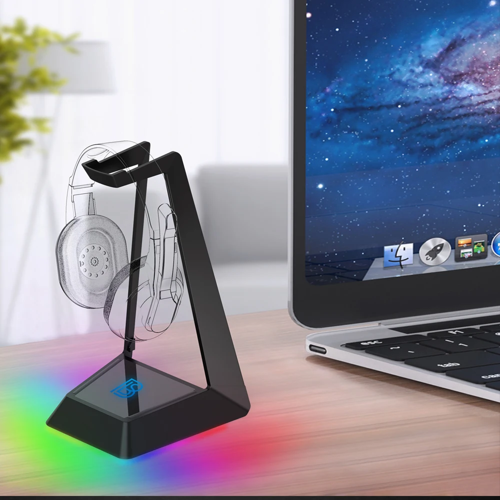 Подставка для гарнитуры RGB и игровой дисплей наушников с держателем мыши шнура 3