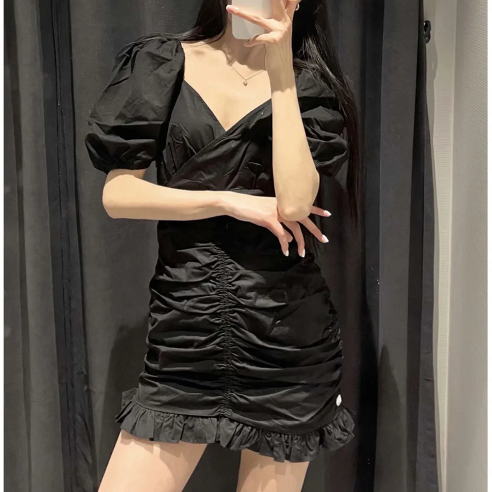 2021 Fall Puff Sleeve Sexy Mini Dress Autumn Women Party Elegant Pleated Casual Skirt
