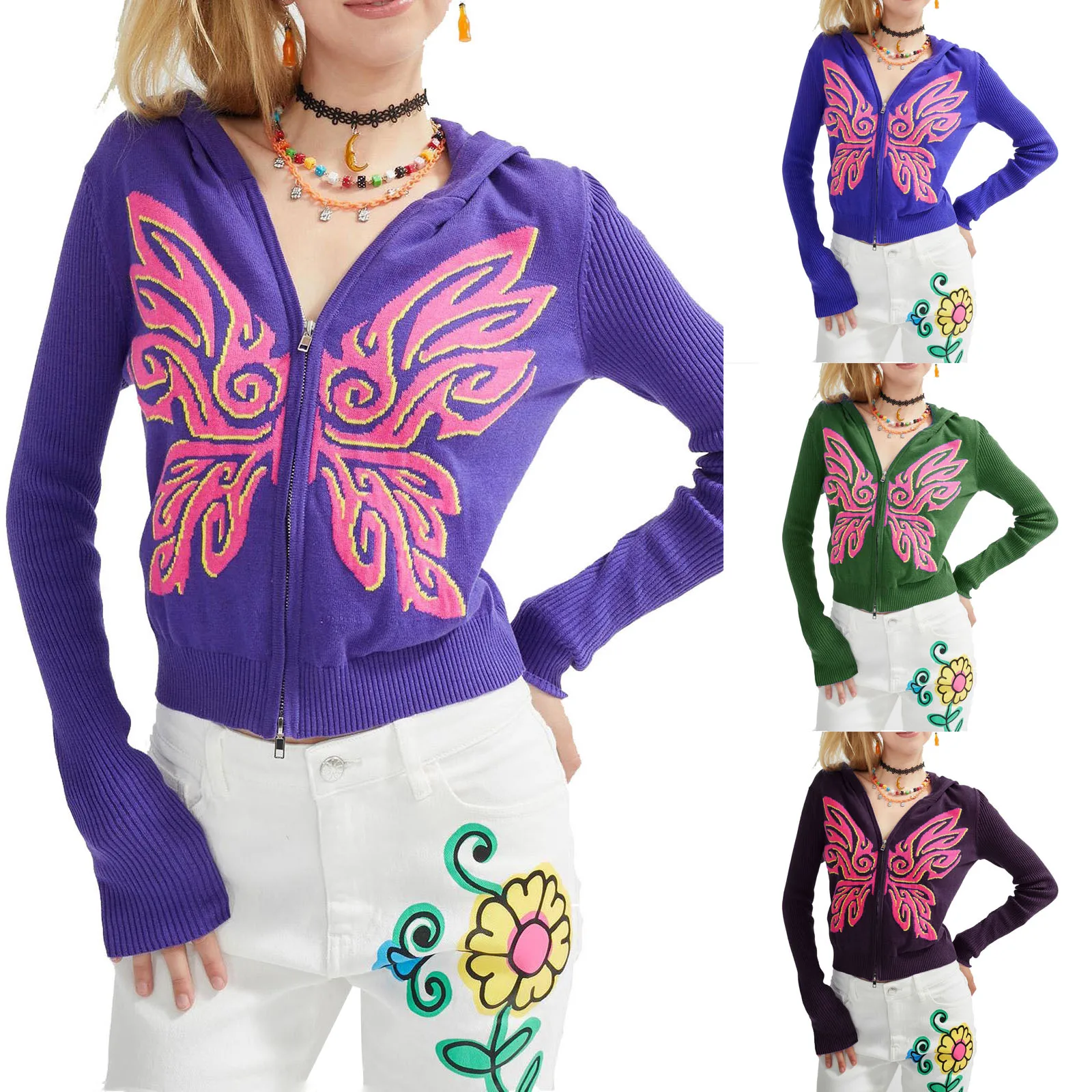 Autumn Winter Y2K Vintage Butterfly Jacquard Knitted Cardigans Casual Women's Zipper Long Sleeve Hooded Coats Crop Tops E-girl
Autumn Winter Y2K Vintage Butterfly Jacquard Knitted Cardigans Casual Women's Zipper Long Sleeve Hooded Coats Crop Tops E-girl