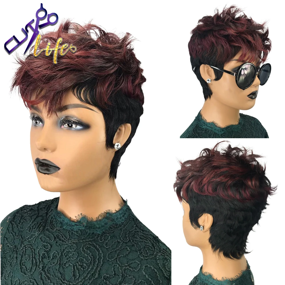 

Peruvian Human Hair Wig With Bangs For Black Women Burgundy 99J Ombre Color Short Wavy Bob Pixie Cut Full Machine None Lace Wig