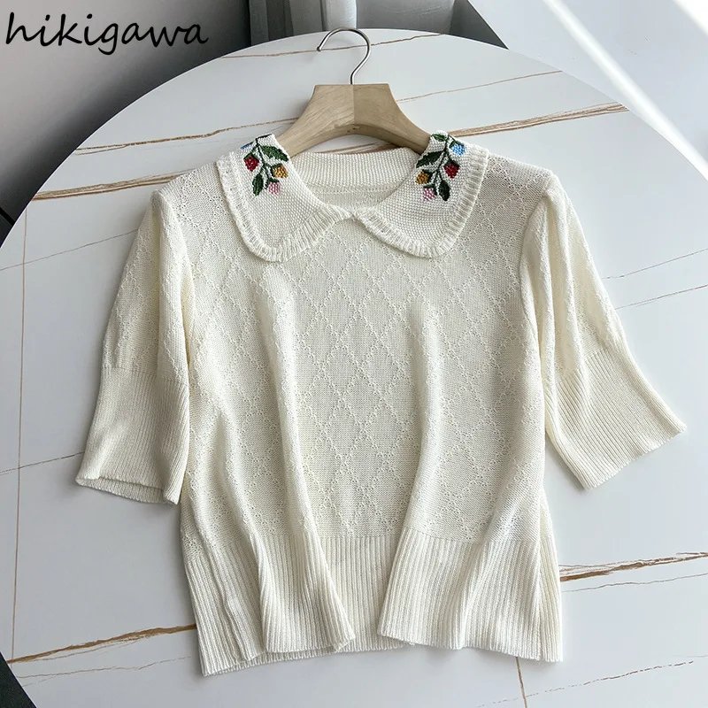 Hikigawa Summer Sweater Thin Petrt Pan Collar Puff Sleeve Knitted Pullover Solid Slim Floral Embroidery Women Clothing Tops
Hikigawa Summer Sweater Thin Petrt Pan Collar Puff Sleeve Knitted Pullover Solid Slim Floral Embroidery Women Clothing Tops