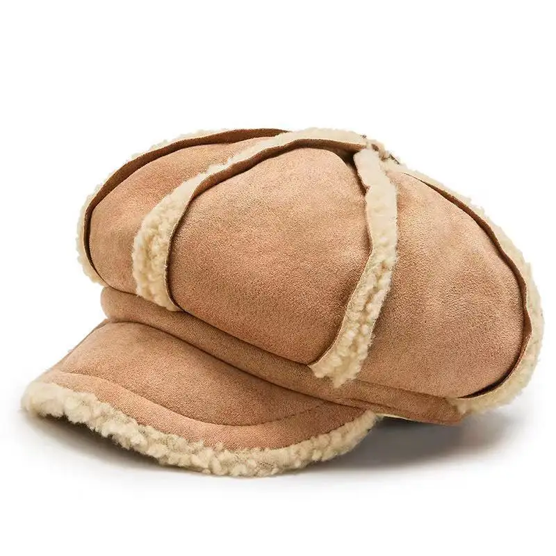 

Зимняя женская замшевая восьмиугольная шапка, плотная теплая шапка из овечьей шерсти, корейский стиль, остроконечная шапка для девушек, осе...