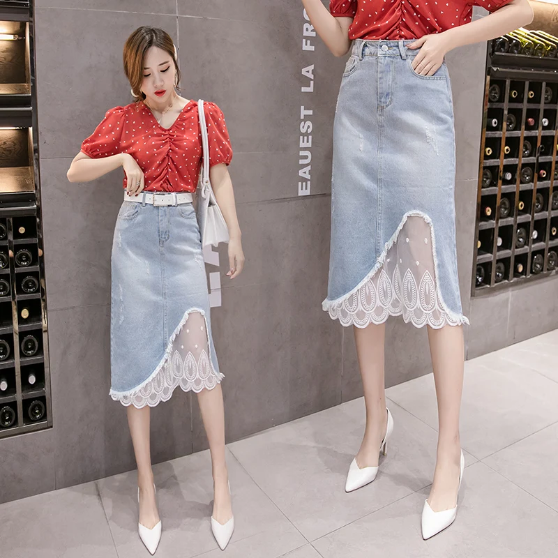 Trendy Spring High Waist Washed Ripped Hole Midi Long Skirt Women Mesh Lace Patchwork Elegant Slim Denim Skirts Female Harajuku
Trendy Spring High Waist Washed Ripped Hole Midi Long Skirt Women Mesh Lace Patchwork Elegant Slim Denim Skirts Female Harajuku