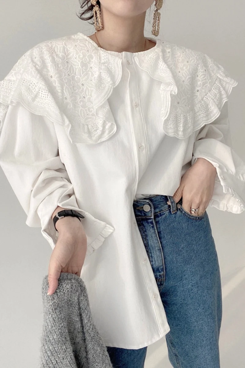 2021 New Large Lapel Hollowed Ruffles Long Sleeve Single Breasted Simple White Shirt Sweet Top Female Blouses
2021 New Large Lapel Hollowed Ruffles Long Sleeve Single Breasted Simple White Shirt Sweet Top Female Blouses