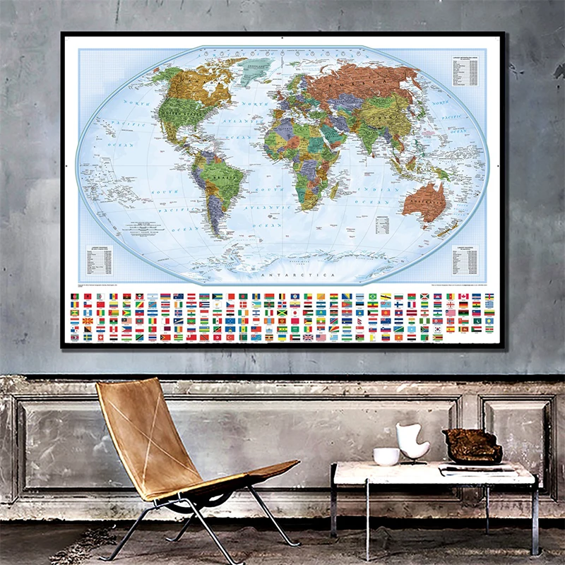 

150X100cm The World Physical Map Non-woven Waterproof World Map With National Flags For Culture And Education