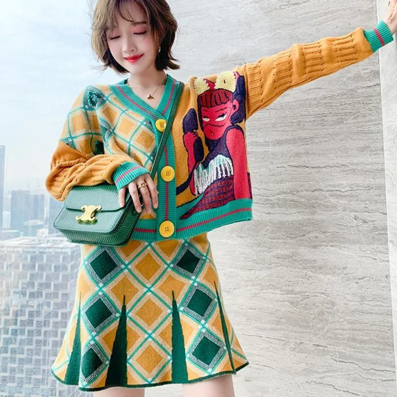 Plaid Two Piece Women's V Neck Single-Breasted Long Sleeve Cardigan Sweater Short Skirt Color Contrast Casual Lady Clothing Sets
Plaid Two Piece Women's V Neck Single-Breasted Long Sleeve Cardigan Sweater Short Skirt Color Contrast Casual Lady Clothing Sets