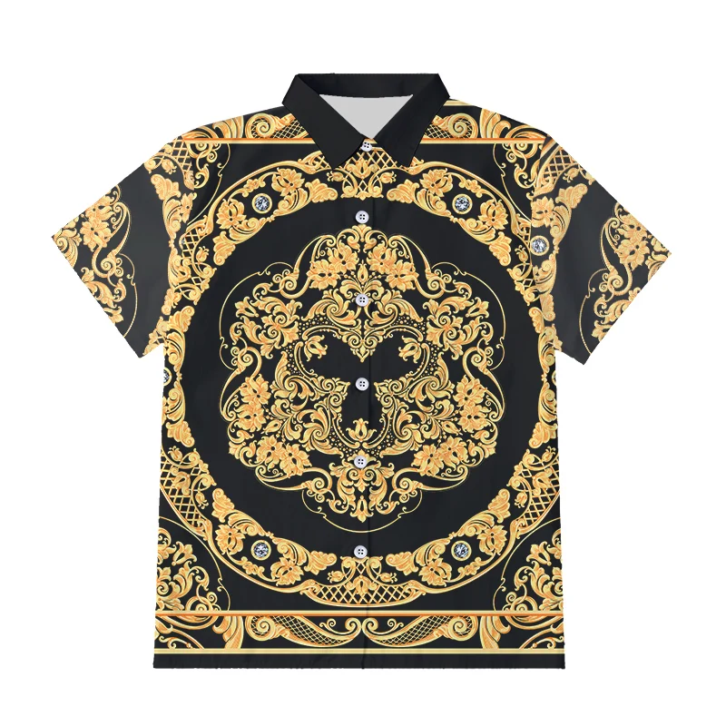 

IFPD EU/US Size Fashion Men Golden Flower 3D Print Button Shirts Summer Hawaiian Shirt Homme Short Sleeve Luxury Royal Baroque