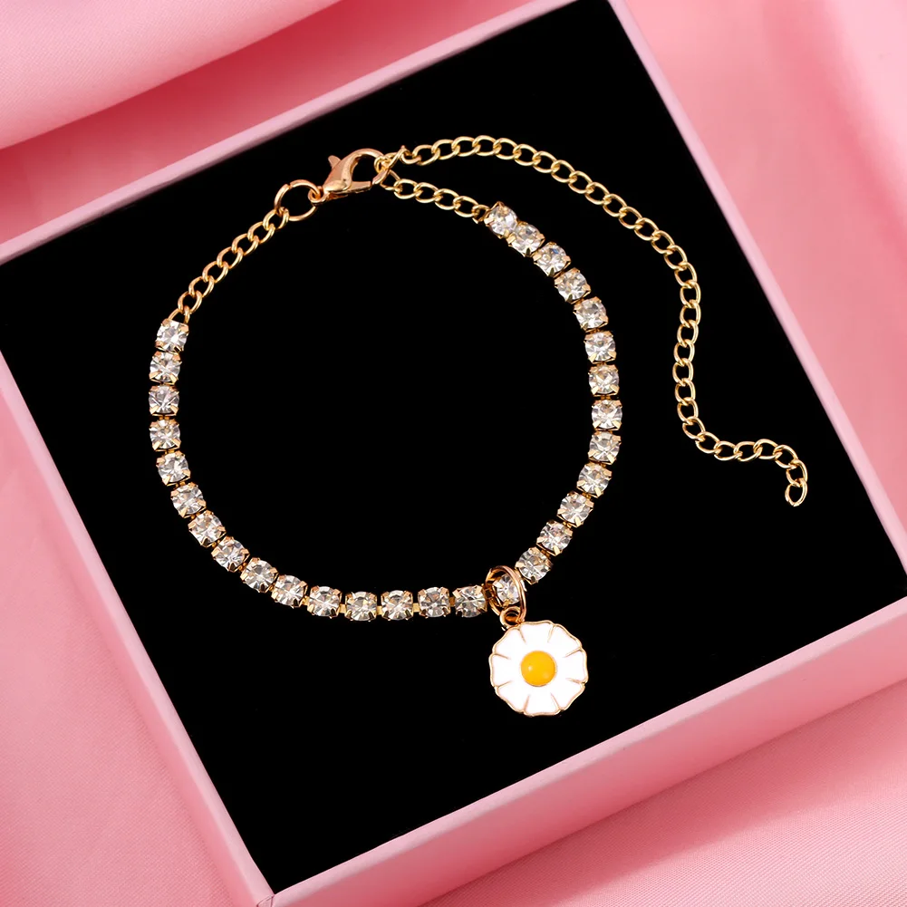 

Shining Crystal Rhinestone Daisy Pendant Anklet Bracelet Women Enamel Drip Glaze Flowers Tennis Chain Anklets Sandals Jewelry