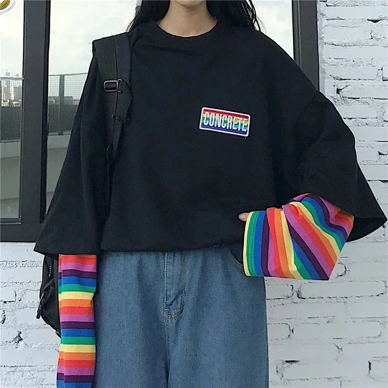 Rainbow Striped Fake Two Pieces T Shirt Women Casual Loose Harajuku BF Tops Female Korean Fashion New Streetwear Woman Clothes
Rainbow Striped Fake Two Pieces T Shirt Women Casual Loose Harajuku BF Tops Female Korean Fashion New Streetwear Woman Clothes