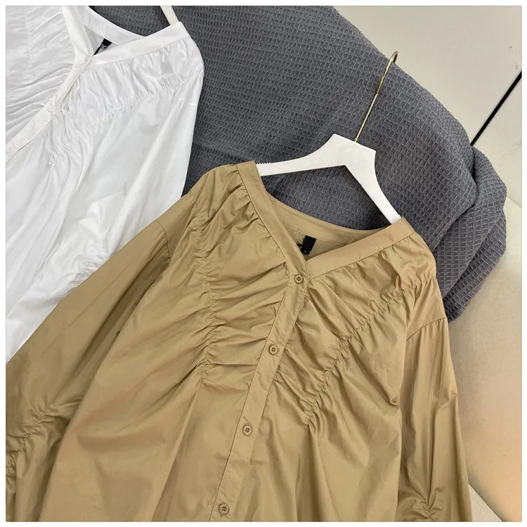 2021 Spring and Summer New V-neck Long Sleeve Loose Shirt Women's Solid Color Pleating Casual Blouse Female Blusas 
2021 Spring and Summer New V-neck Long Sleeve Loose Shirt Women's Solid Color Pleating Casual Blouse Female Blusas