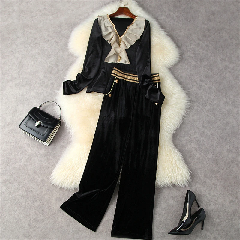 Fall Winter Night Club Pants Sets Women 2021 Runway Fashion Chains Ruffles V-neck Tops Wide Leg Pants Velvet Two Piece Set Black
Fall Winter Night Club Pants Sets Women 2021 Runway Fashion Chains Ruffles V-neck Tops Wide Leg Pants Velvet Two Piece Set Black