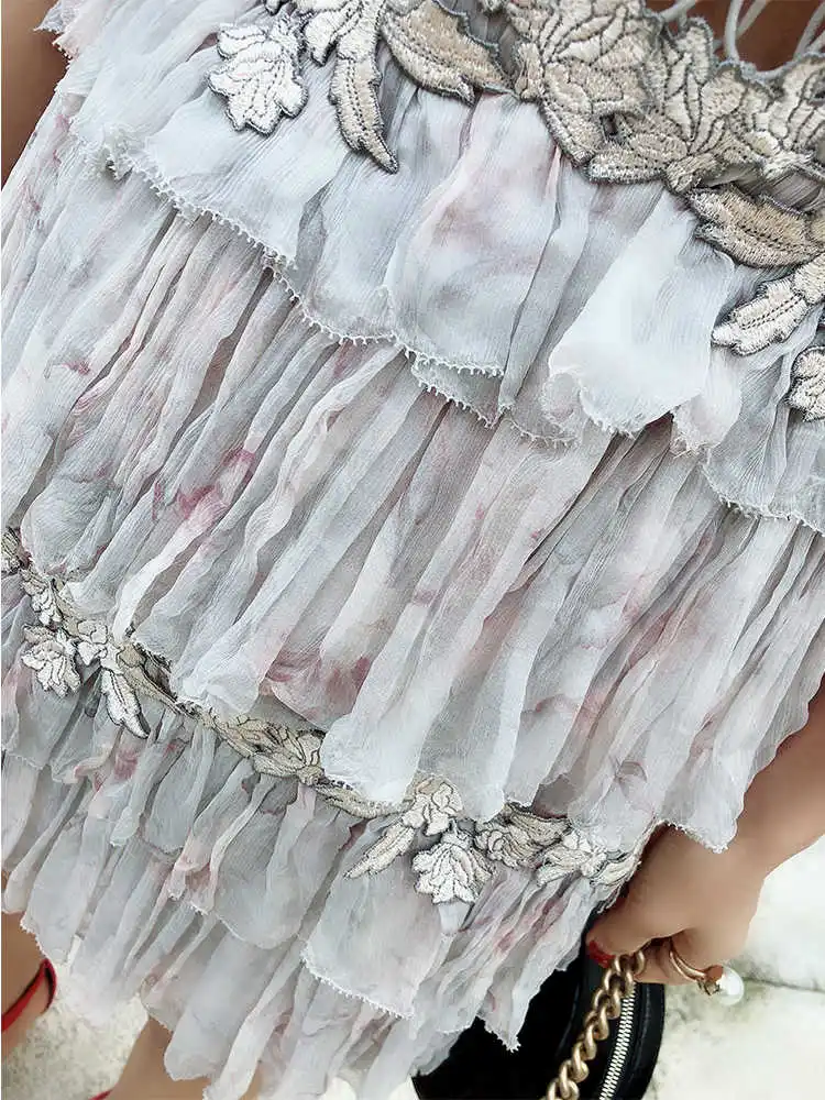 Women Silk Short Sleeve Ruffled Neck Embroidery Patchwork Mini Dress With Cascading Ruffle And Crochet Lace Hollow Out Detail
Women Silk Short Sleeve Ruffled Neck Embroidery Patchwork Mini Dress With Cascading Ruffle And Crochet Lace Hollow Out Detail