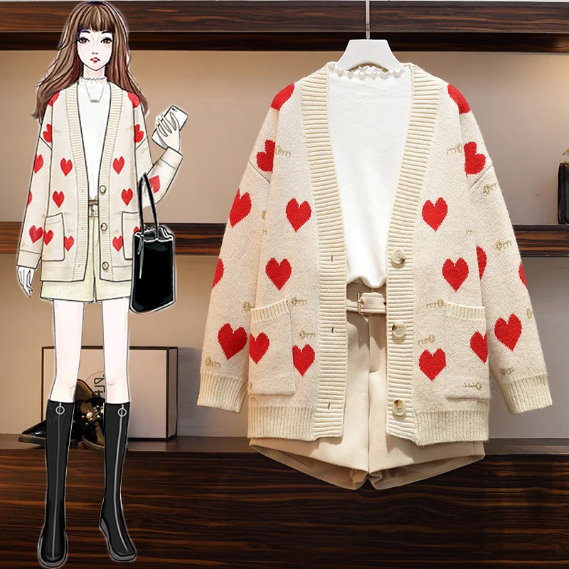 Autumn Winter New Warm Sweater 3 piece set Women Korean Fashion Heart Loose Cardigan Sweater +White T-Shirt +Wool Shorts Suits
Autumn Winter New Warm Sweater 3 piece set Women Korean Fashion Heart Loose Cardigan Sweater +White T-Shirt +Wool Shorts Suits