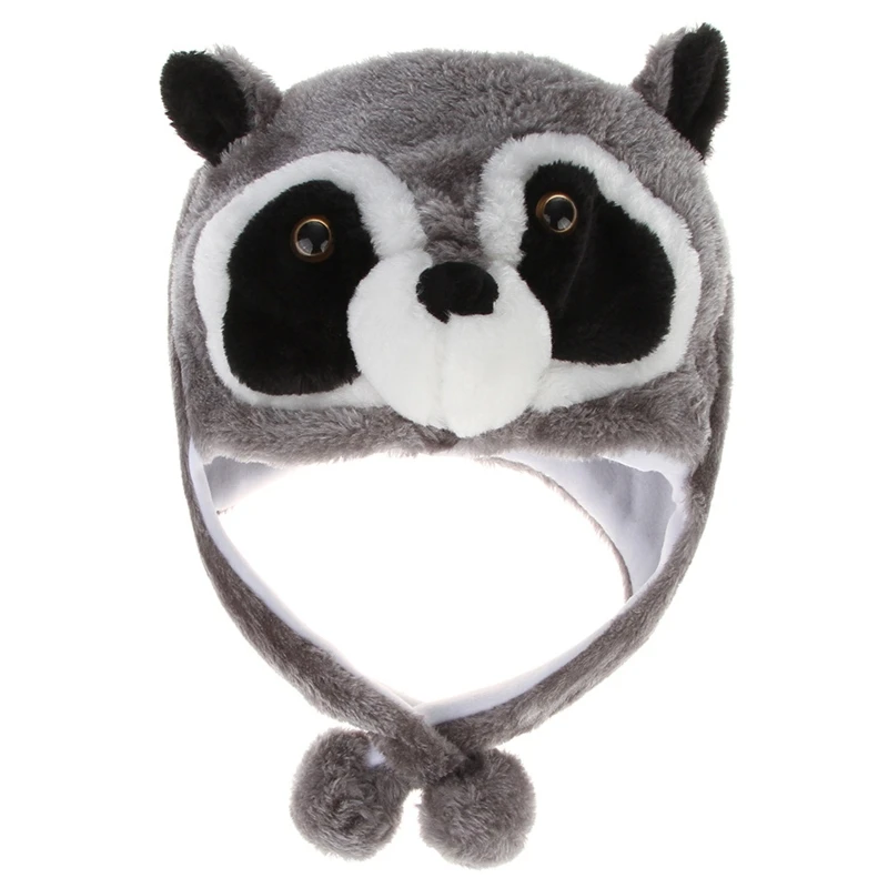 

Unisex Winter Fuzzy Plush Raccoon Animal Hat with Pompom Long Straps Snow Ski Warm Earflap Beanie Cap Cosplay Costume