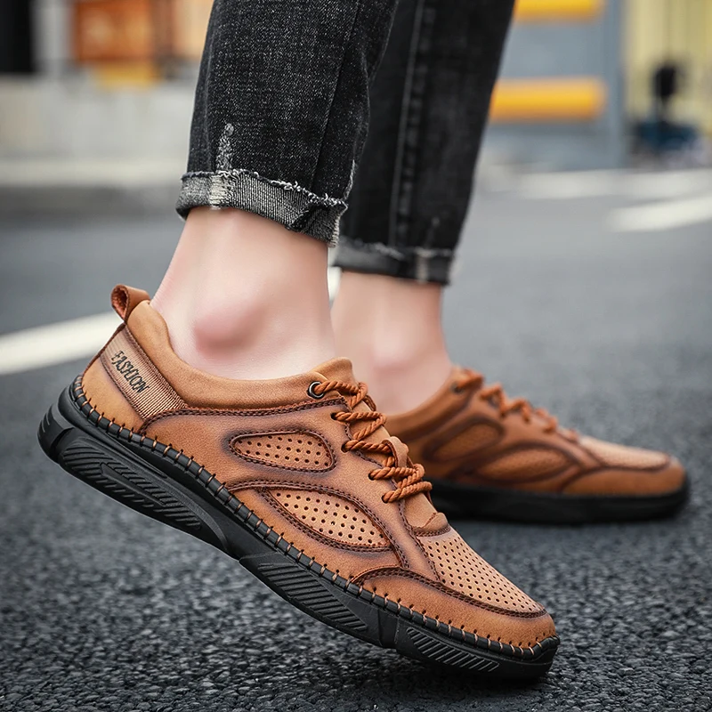 Кроссовки мужские из натуральной кожи, Повседневная дышащая обувь, черные 
Кроссовки мужские из натуральной кожи, Повседневная дышащая обувь, черные