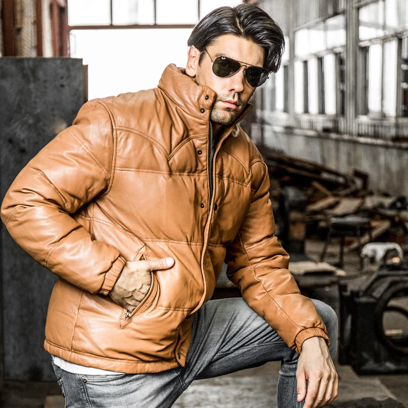FLY Genuine Leather Jacket Men Yellow Stand Collar Winter Duck Down Short Thick Sheepskin Coat
FLY Genuine Leather Jacket Men Yellow Stand Collar Winter Duck Down Short Thick Sheepskin Coat