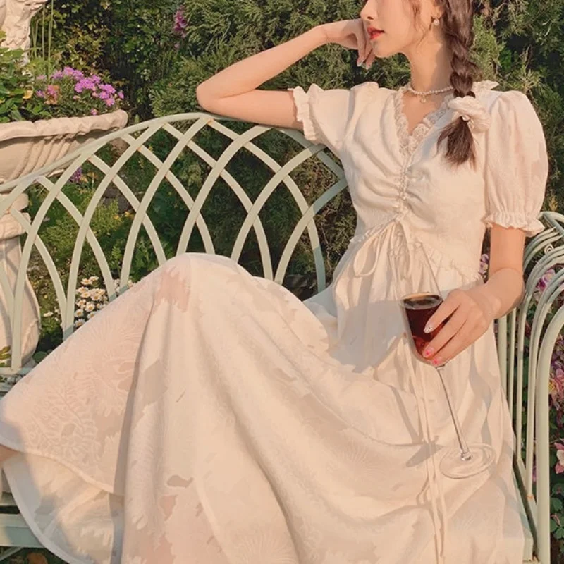 Vintage Elegant Solid Fairy Dress Women French Kawaii Sweet Short Sleeve Midi Dress Cute Holiday Lace V Neck Dresses Summer 2021
Vintage Elegant Solid Fairy Dress Women French Kawaii Sweet Short Sleeve Midi Dress Cute Holiday Lace V Neck Dresses Summer 2021