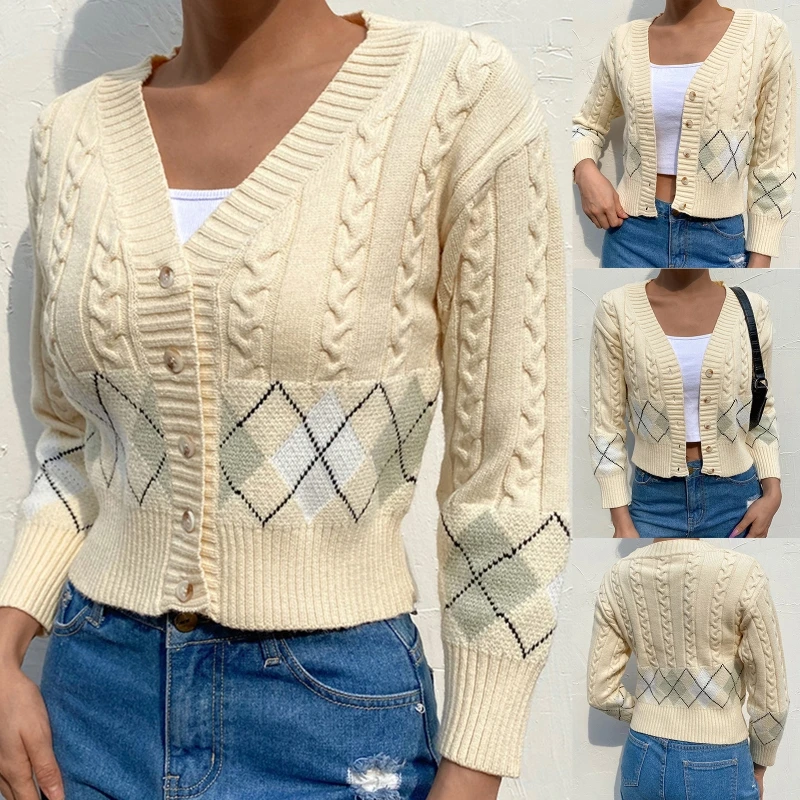 Women 3/4 Sleeve Knitted Cropped Cardigan Argyle V-Neck Button Down Sweater Coat M5TE
Women 3/4 Sleeve Knitted Cropped Cardigan Argyle V-Neck Button Down Sweater Coat M5TE