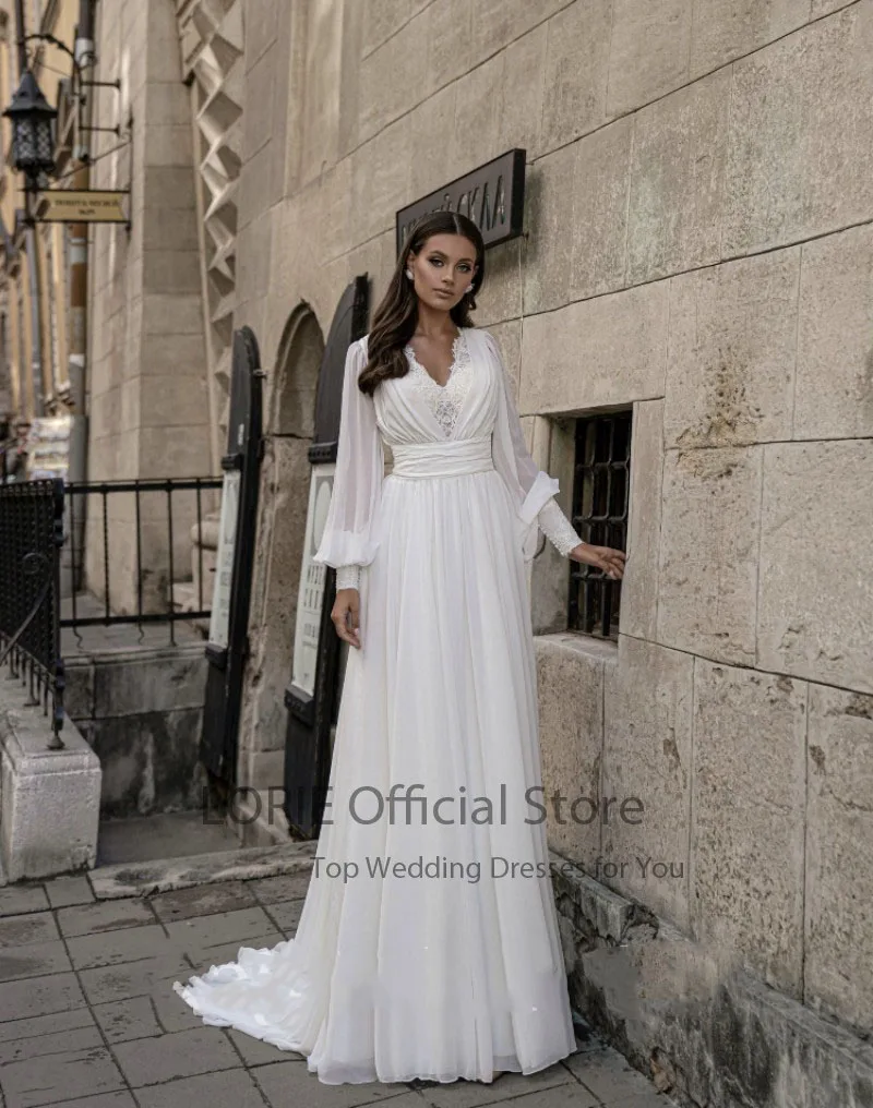 LORIE Arabic Wedding Dresses V-Neck Lace A-Line Wedding Gown Chiffon long Sleeves White Ivory Custom Made Party Bride Dress 2021
LORIE Arabic Wedding Dresses V-Neck Lace A-Line Wedding Gown Chiffon long Sleeves White Ivory Custom Made Party Bride Dress 2021