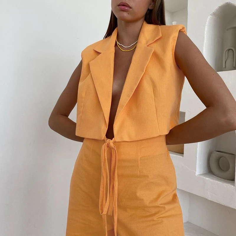 ONEINALL Casual Two Piece Set For Women Notched Sleeveless Lace Up Coats High Waist Full Length Pants Women's New Trousers Suits 
ONEINALL Casual Two Piece Set For Women Notched Sleeveless Lace Up Coats High Waist Full Length Pants Women's New Trousers Suits