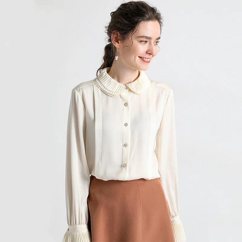 

Hodisytian 2020 Women Blouse Shirts 100% Mulberry Silk Retro 3 Layer Collar Elegant Flare Female Tops Long Sleeve Blusas Femme