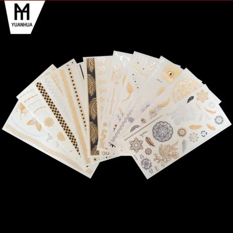 Waterproof Temporary Tattoo Sticker Metallic Gold Silver Mandala Henna Feather Flash Tatoo Female Hand Back Body Art T1819
Waterproof Temporary Tattoo Sticker Metallic Gold Silver Mandala Henna Feather Flash Tatoo Female Hand Back Body Art T1819