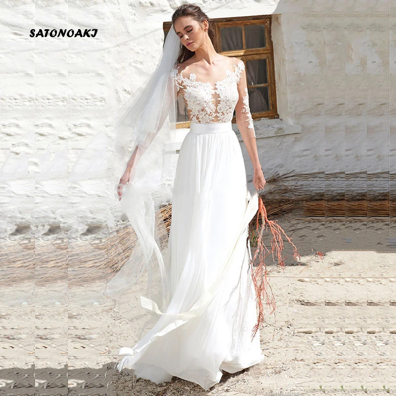 2022 Beach Wedding Dress for Women Long Sleeve Chiffon Bridal Gown Sheer Neck Lace Appliques Sexy Vestido De Noiva Robe Mariage
2022 Beach Wedding Dress for Women Long Sleeve Chiffon Bridal Gown Sheer Neck Lace Appliques Sexy Vestido De Noiva Robe Mariage