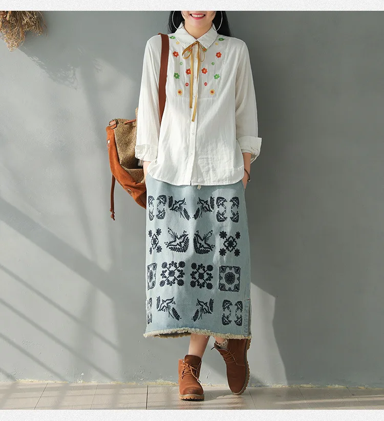 Original cotton denim embroidery fringed skirt spring new literary retro old loose female skirt tide
Original cotton denim embroidery fringed skirt spring new literary retro old loose female skirt tide