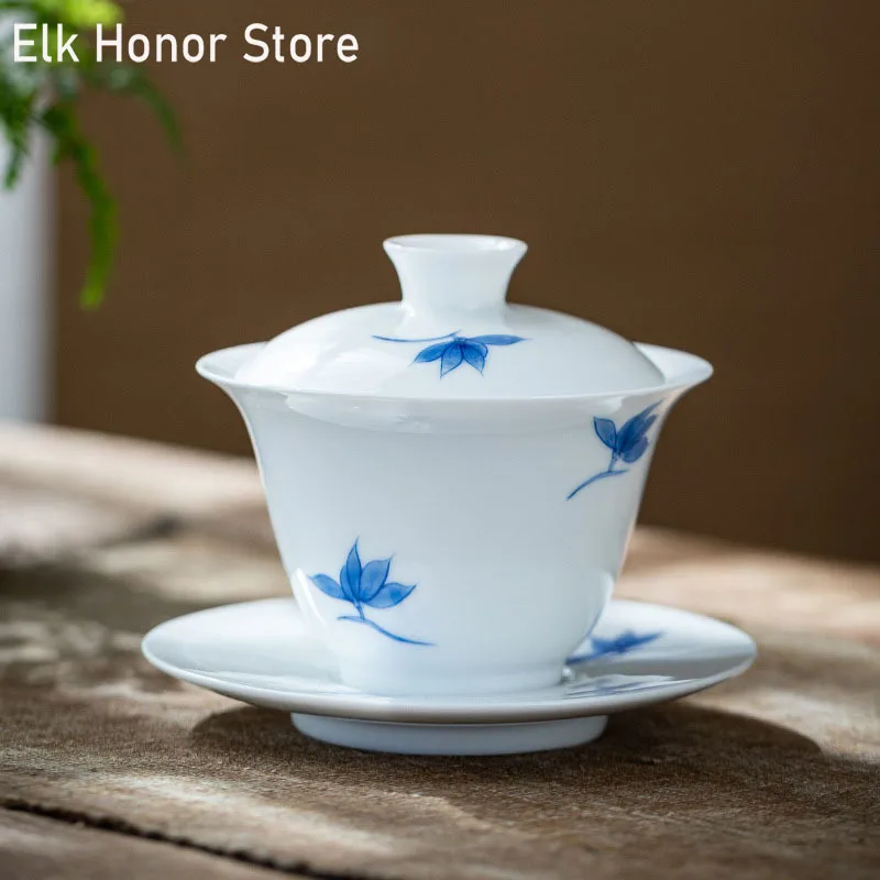 

150ml Handmade White Porcelain Orchid Sancai Gaiwan Tea Maker Ceramic Bowl With Lid Single Cups Household Kung Fu Puer Teaware
