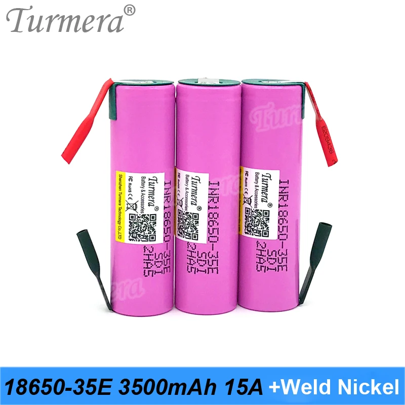 Turmera 3.7V 18650 35E 3500mAh 15A Rechargeable Lithium Battery with Welding Nickel for 12V 16.8V 18V 21V 25V Screwdriver Drill
Turmera 3.7V 18650 35E 3500mAh 15A Rechargeable Lithium Battery with Welding Nickel for 12V 16.8V 18V 21V 25V Screwdriver Drill