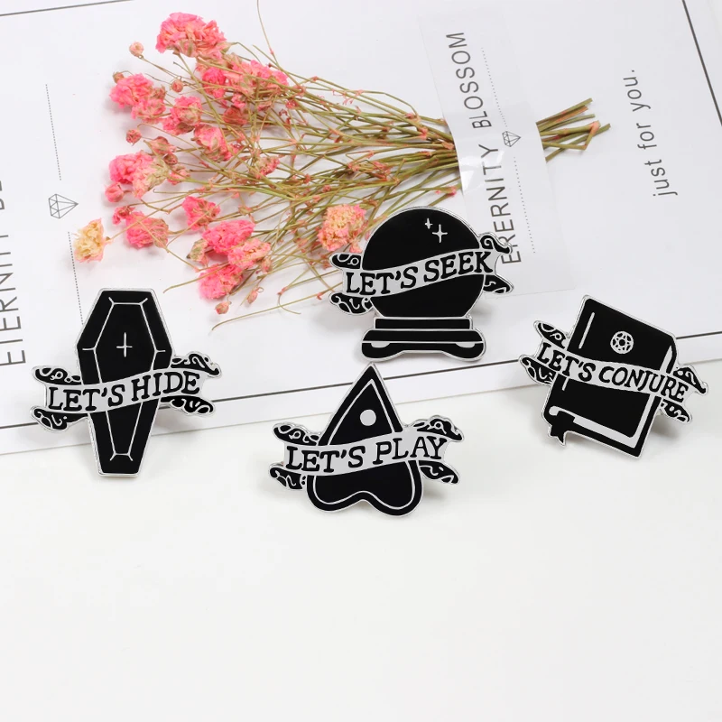 Halloween Pins Punk Dark Black Heart Coffin Book Brooch LET'S Series Gothic Enamel Pin Denim Shirt Lapel Badge Men Jewelry Gift |