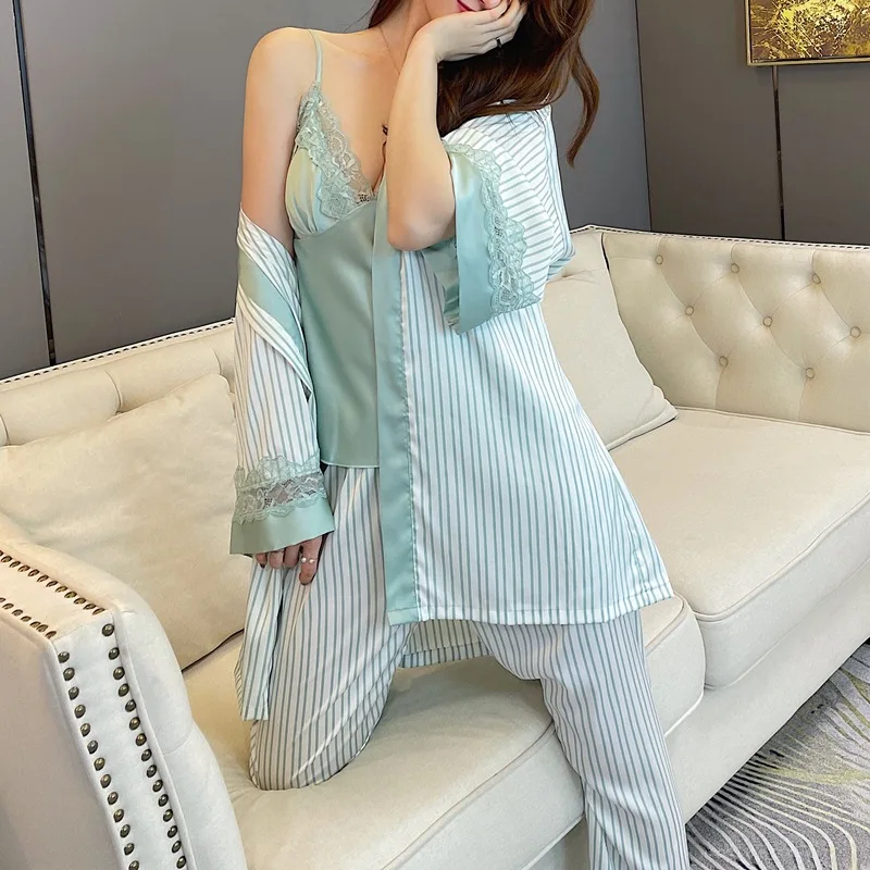 Women Pajamas Set Satin PJS Suit Burgundy Striped 3PCS Sleepwear Sexy Lace Sleep Set V-neck Kimono Gown Casual Pyjamas Suit
Women Pajamas Set Satin PJS Suit Burgundy Striped 3PCS Sleepwear Sexy Lace Sleep Set V-neck Kimono Gown Casual Pyjamas Suit