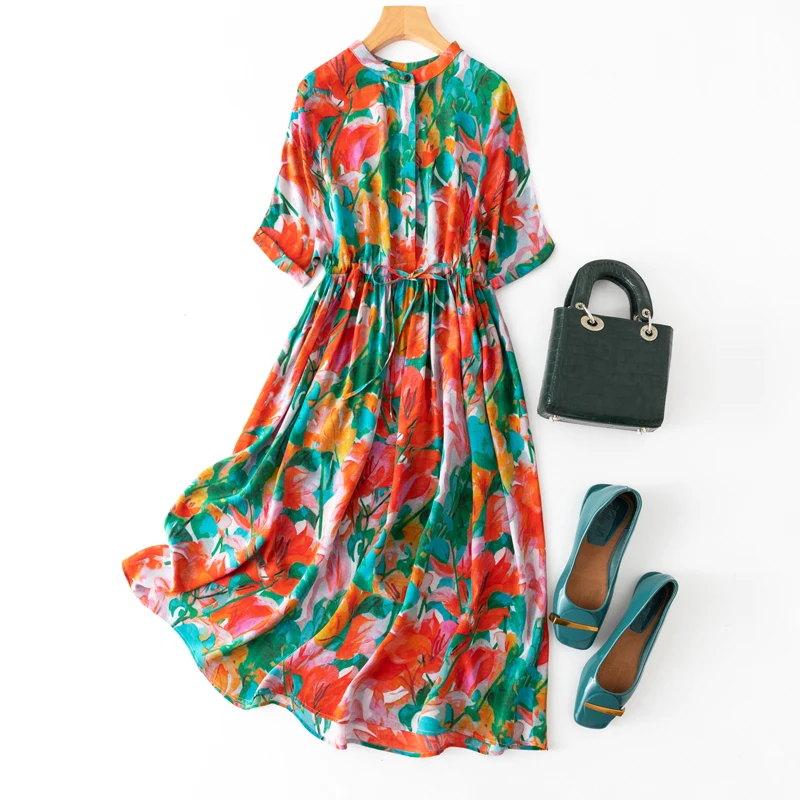 SHUCHAN Print Silk Summer Dress Women Bohemian A-LINE Mid-Calf O-Neck Maxi Dresses for Women Short Sleeve
SHUCHAN Print Silk Summer Dress Women Bohemian A-LINE Mid-Calf O-Neck Maxi Dresses for Women Short Sleeve