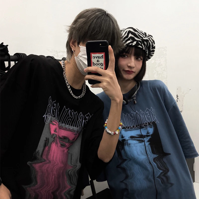 Одежда для пар в стиле хип-хоп с рисунком двойной тени сказочные гранж Harajuku Kpop
