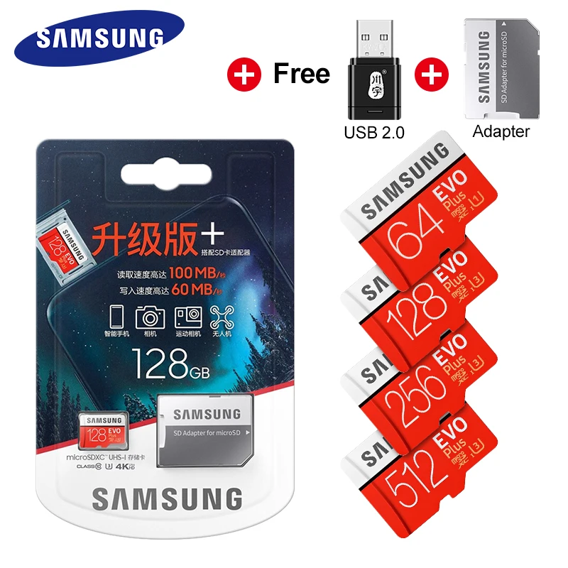 

Samsung Memory Card 64GB 128GB 256GB Class 10 Microsd TF Card 100MB/s EVO Plus microSDXC U3 SD Adapter For Camera Fast shipping