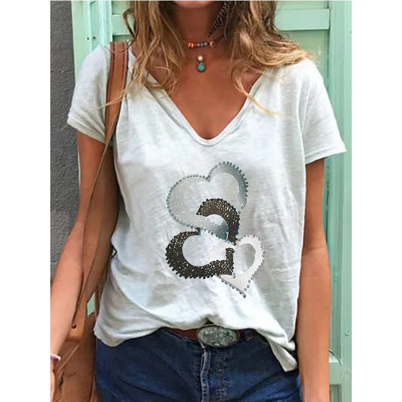 Summer V-neck Short Sleeve Tops Heart Print Ladies T-shirt Casual Solid Color Blue Gary Vintage Loose Pullover Women T-shirts
Summer V-neck Short Sleeve Tops Heart Print Ladies T-shirt Casual Solid Color Blue Gary Vintage Loose Pullover Women T-shirts