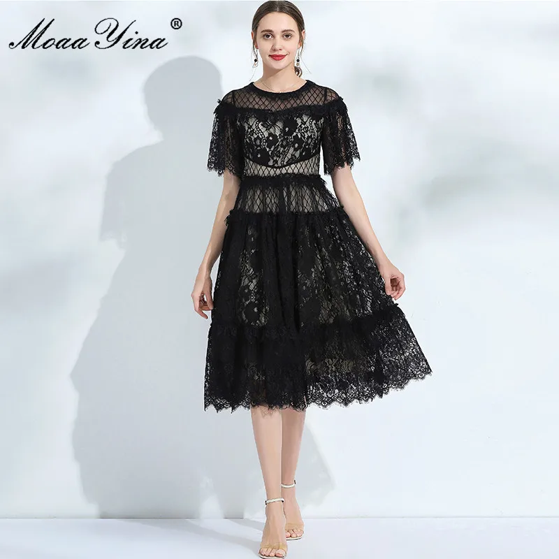 MoaaYina Fashion Designer Summer vintage party Dress Women's Short sleeve Hollow Out Elegant Black Lace Dress
MoaaYina Fashion Designer Summer vintage party Dress Women's Short sleeve Hollow Out Elegant Black Lace Dress