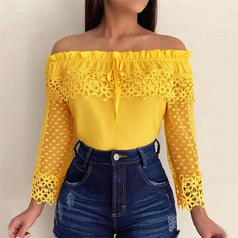 

Fashion Elegant Women Shirt Crochet Slim Tops Lace Patchwork Embroidery Nine Quarter Sleeve Office Yellow Blouse