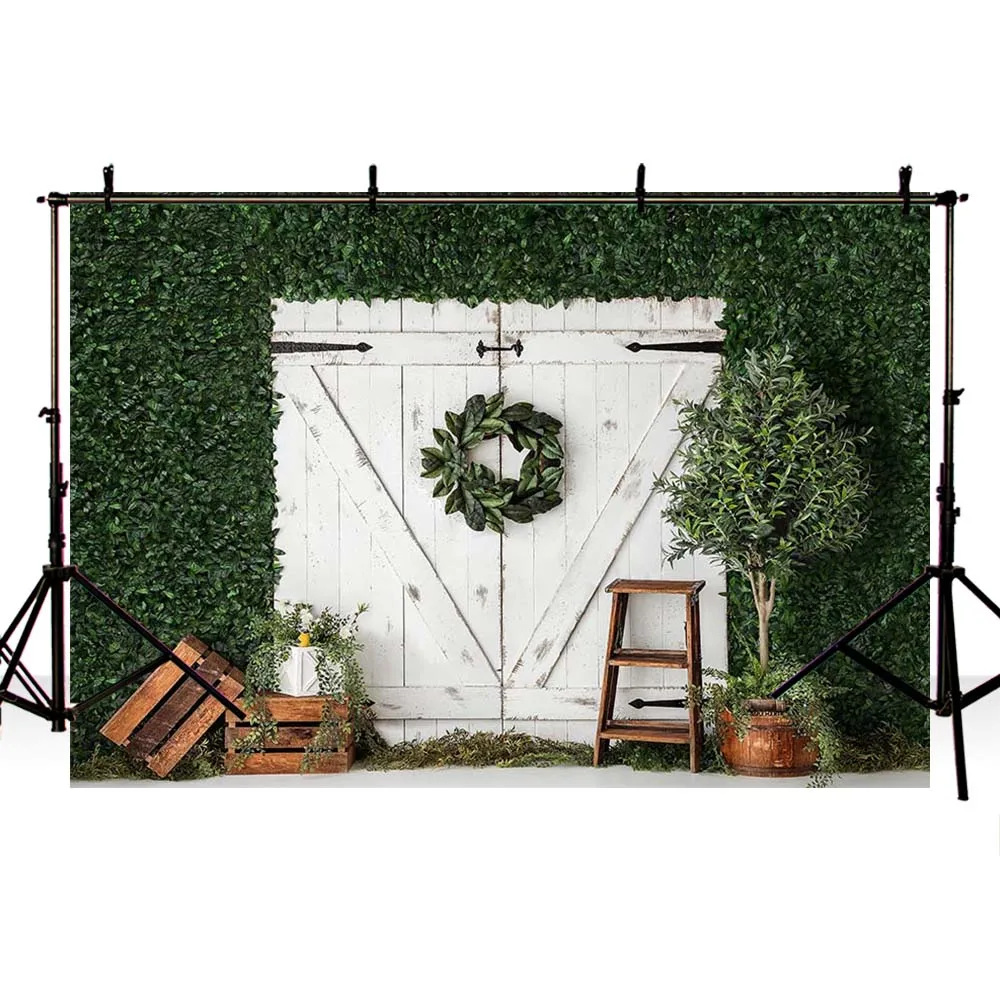 Весенний фон для фотосъемки Mehofond с зелеными листьями белый деревянной дверью