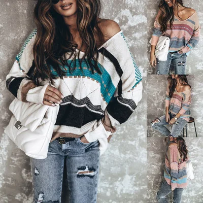 Knitted sweater top casual women's loose printed V-Neck long sleeve knitted sweater
Knitted sweater top casual women's loose printed V-Neck long sleeve knitted sweater